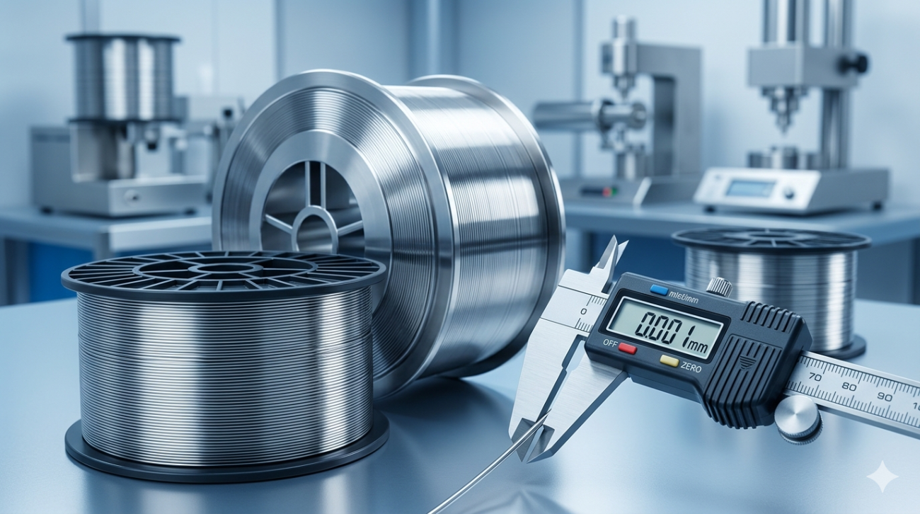 Precision stainless steel wire spools and micrometer measurement showing ±0.001mm tolerance