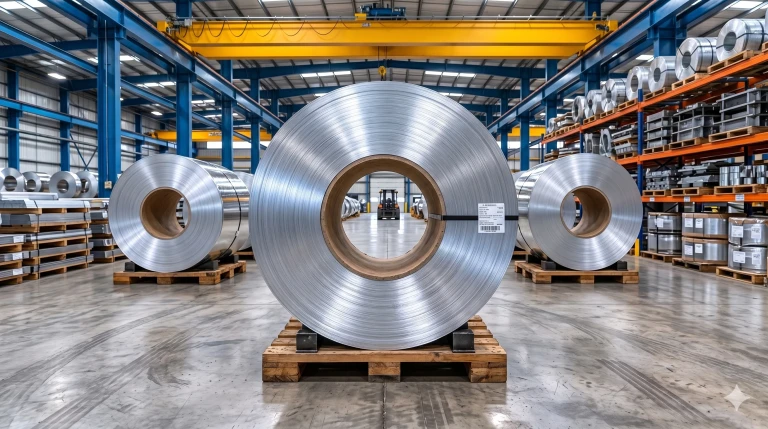Grand inventaire de bobines d'acier aluminisé de qualité supérieure dans un entrepôt d'usine, prêt pour la distribution en gros et le refendage personnalisé.
