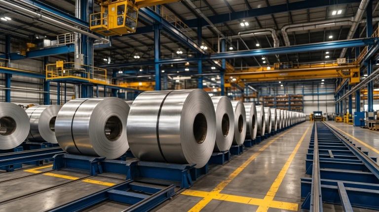 Grand inventaire de bobines principales en acier inoxydable dans un entrepôt d'usine, mettant en avant l'approvisionnement en gros auprès d'un fabricant direct.