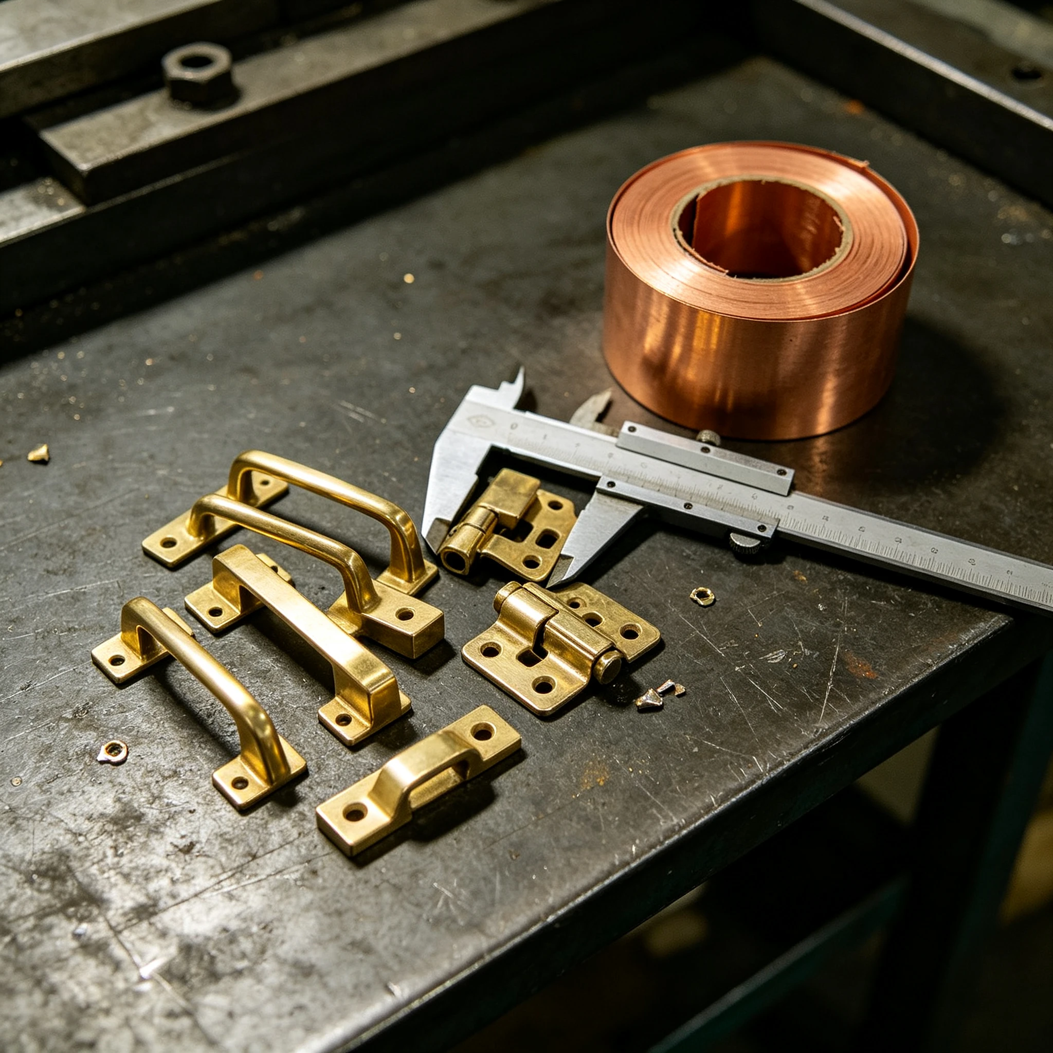 Brass look furniture hardware blanks stamped from copper clad stainless steel strip, laid on a factory bench with a vernier caliper and coil end for inspection.