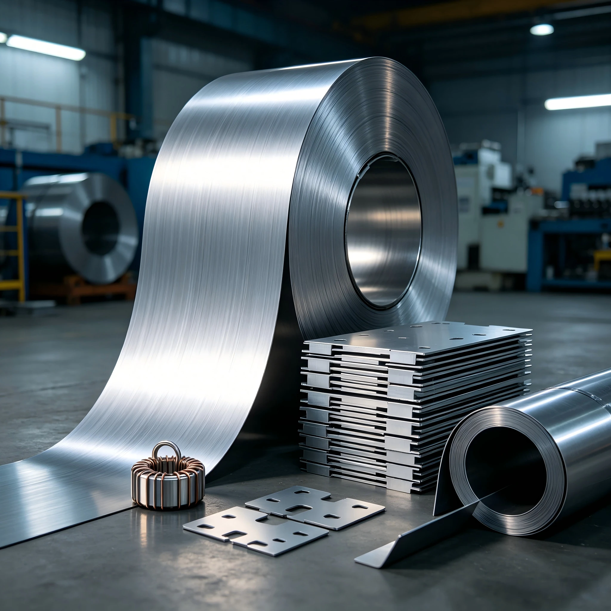 Electrical steel coil for transformers and motors — CRGO and CRNGO silicon steel strips stacked with laminations and a coil core sample