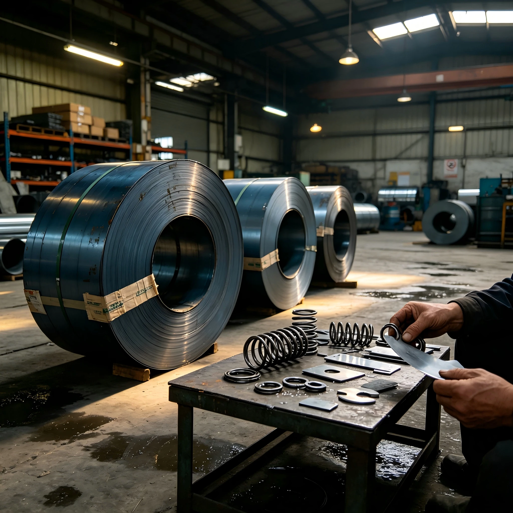 High carbon spring steel strip coils and stamped spring components — hardened steel strips shown with coil springs and a hardness tester