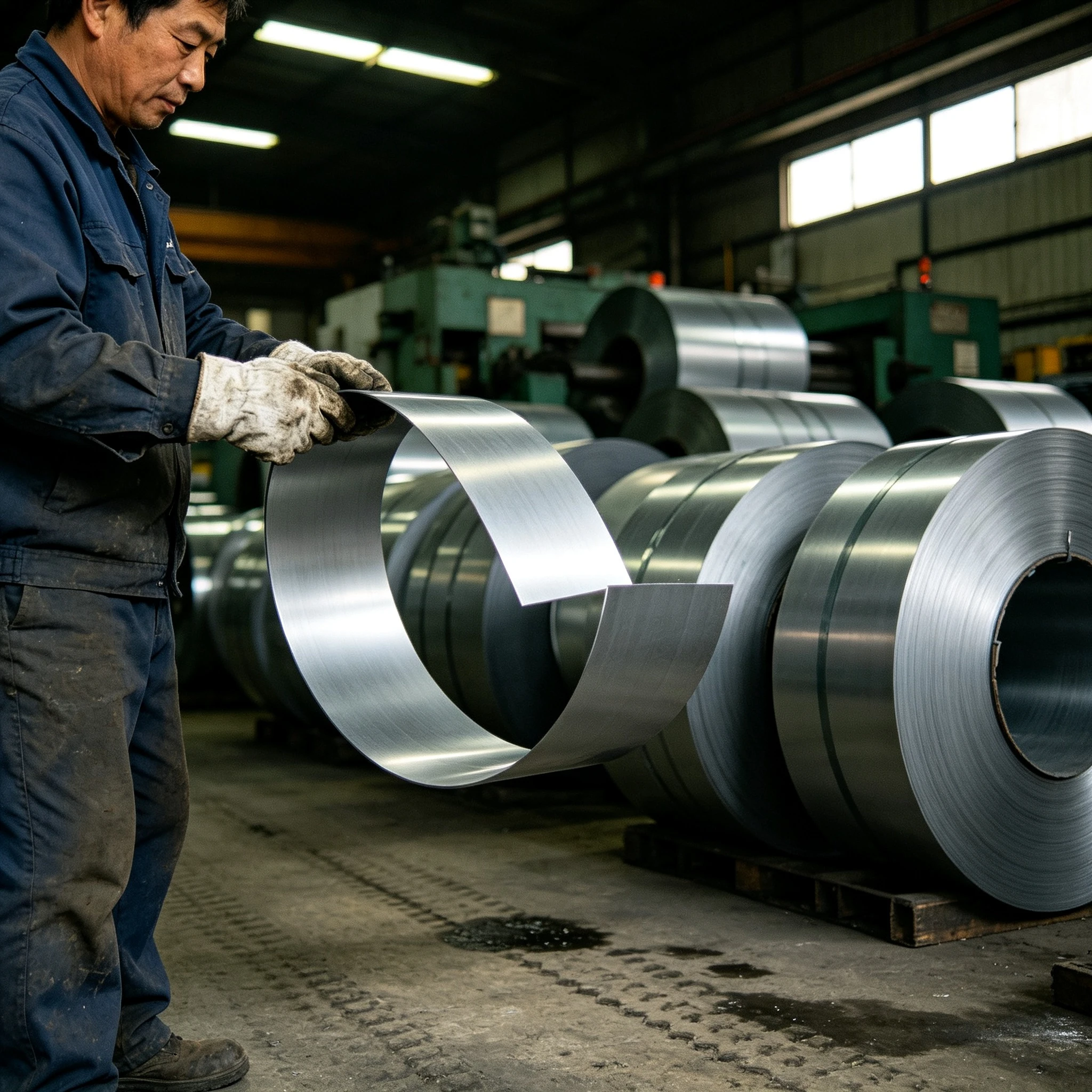 Worker bends a high strength steel strip to test spring-back — choosing the right strength grade matters