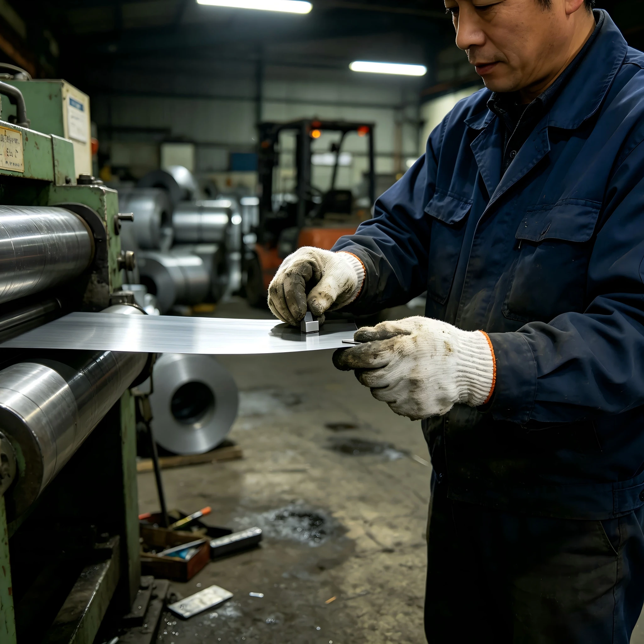 Magnet sticks to magnetic 430 stainless steel strip in the workshop — 400-series ferritic grades are inherently magnetic