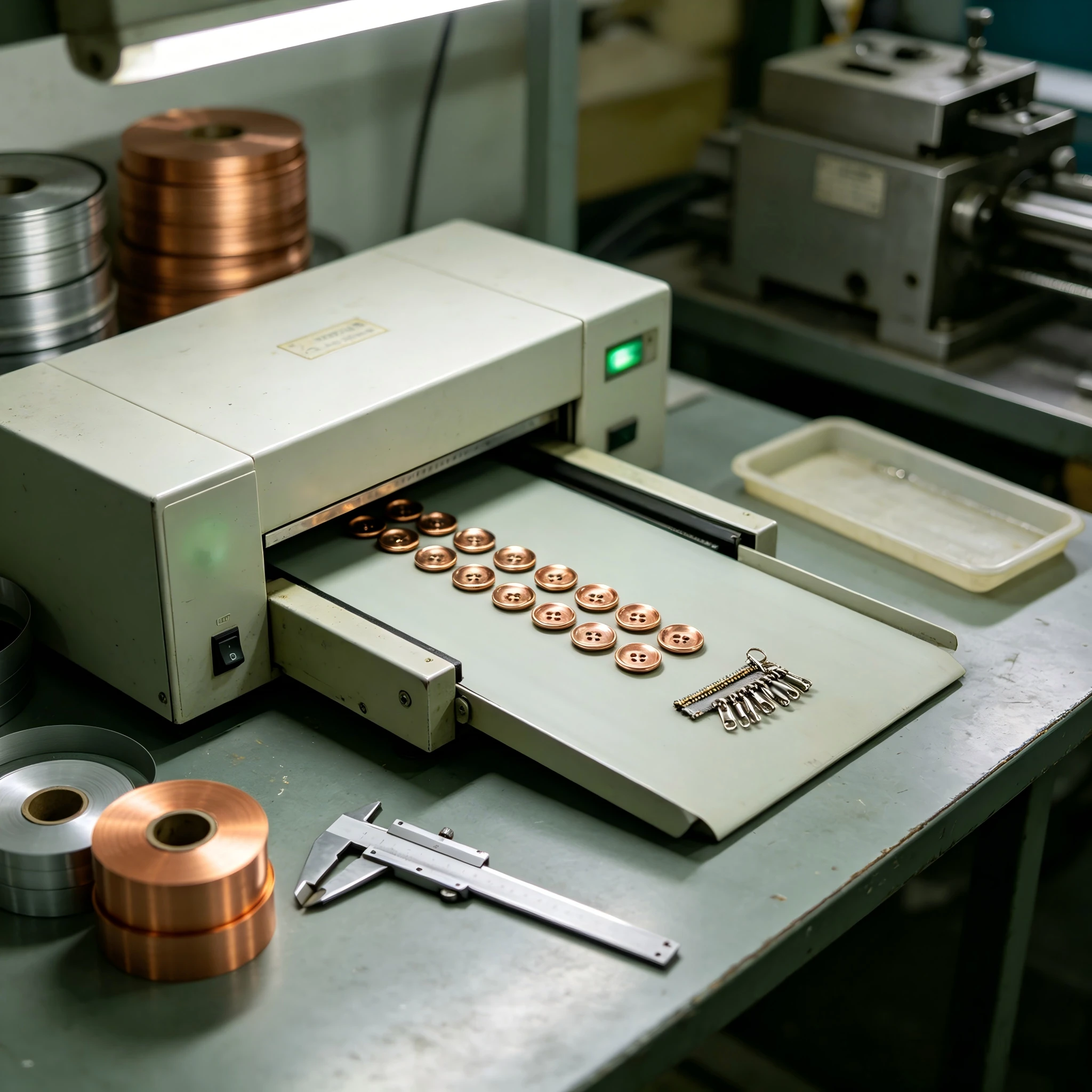 Non-magnetic materials for needle detection – QC operator passing copper zipper and button hardware through a needle detector
