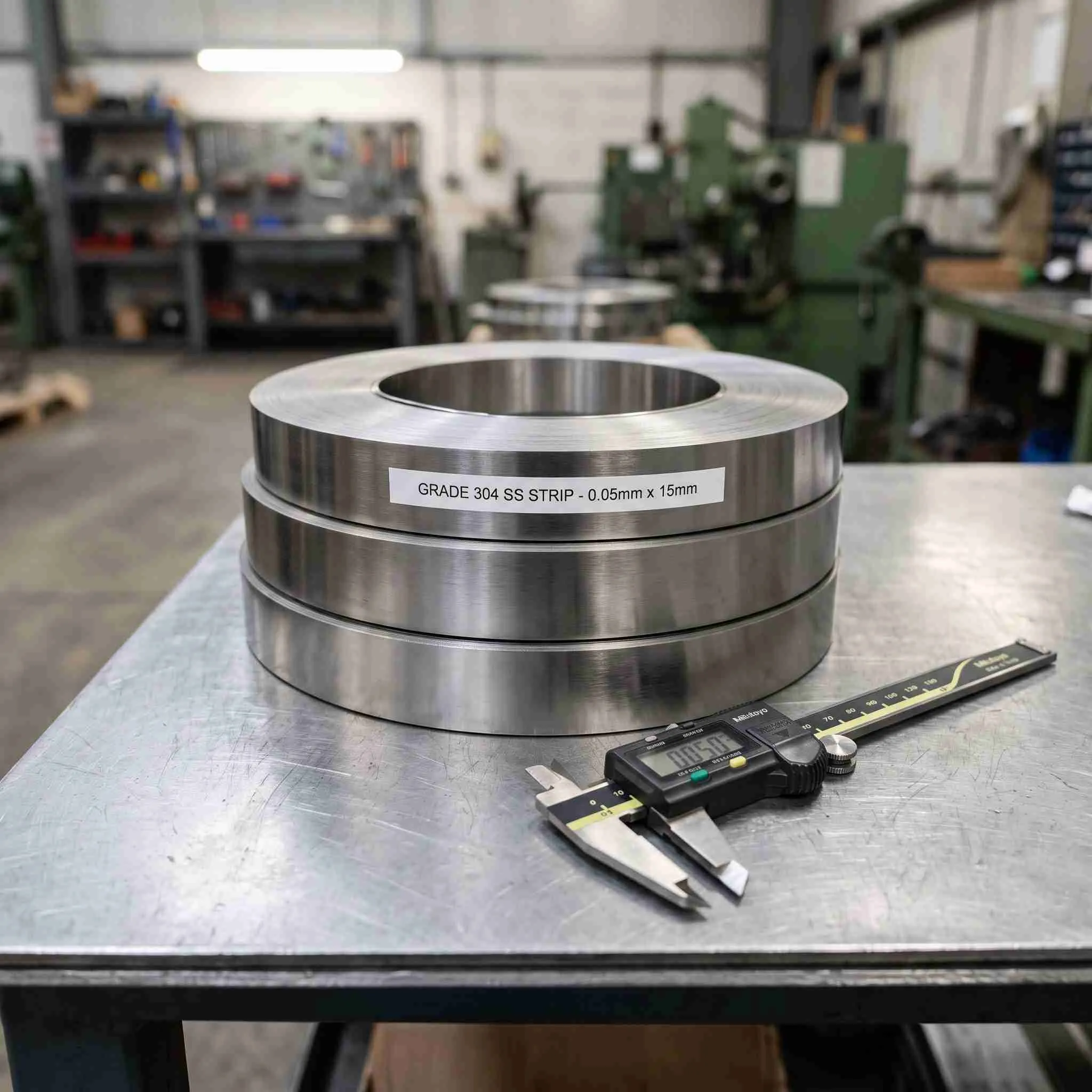 Cold-rolled non-magnetic stainless steel strip coils and digital caliper on factory inspection table