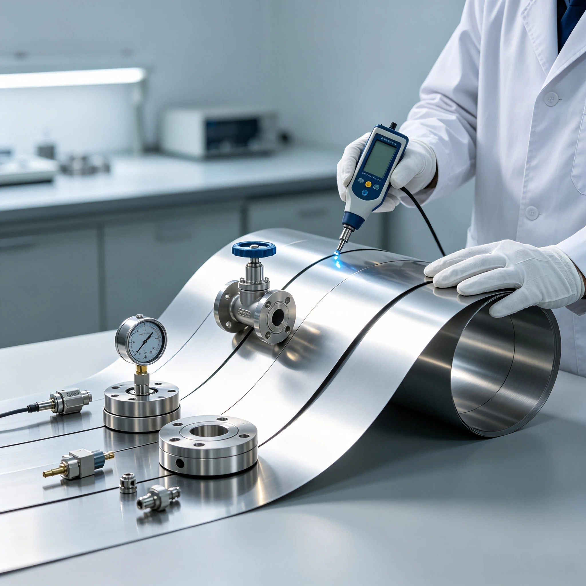 Non-magnetic stainless steel strip for sensors and instruments — precision measurement components shown with a magnetic permeability testing device