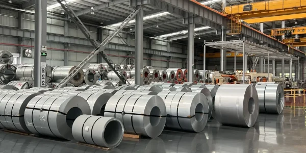 Cold-rolled non-magnetic stainless steel strip coils and digital caliper on factory inspection table